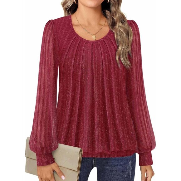 Tops - Women's Long Sleeve Pleated Front Fitted Blouse Top Sleek Elegant Casual